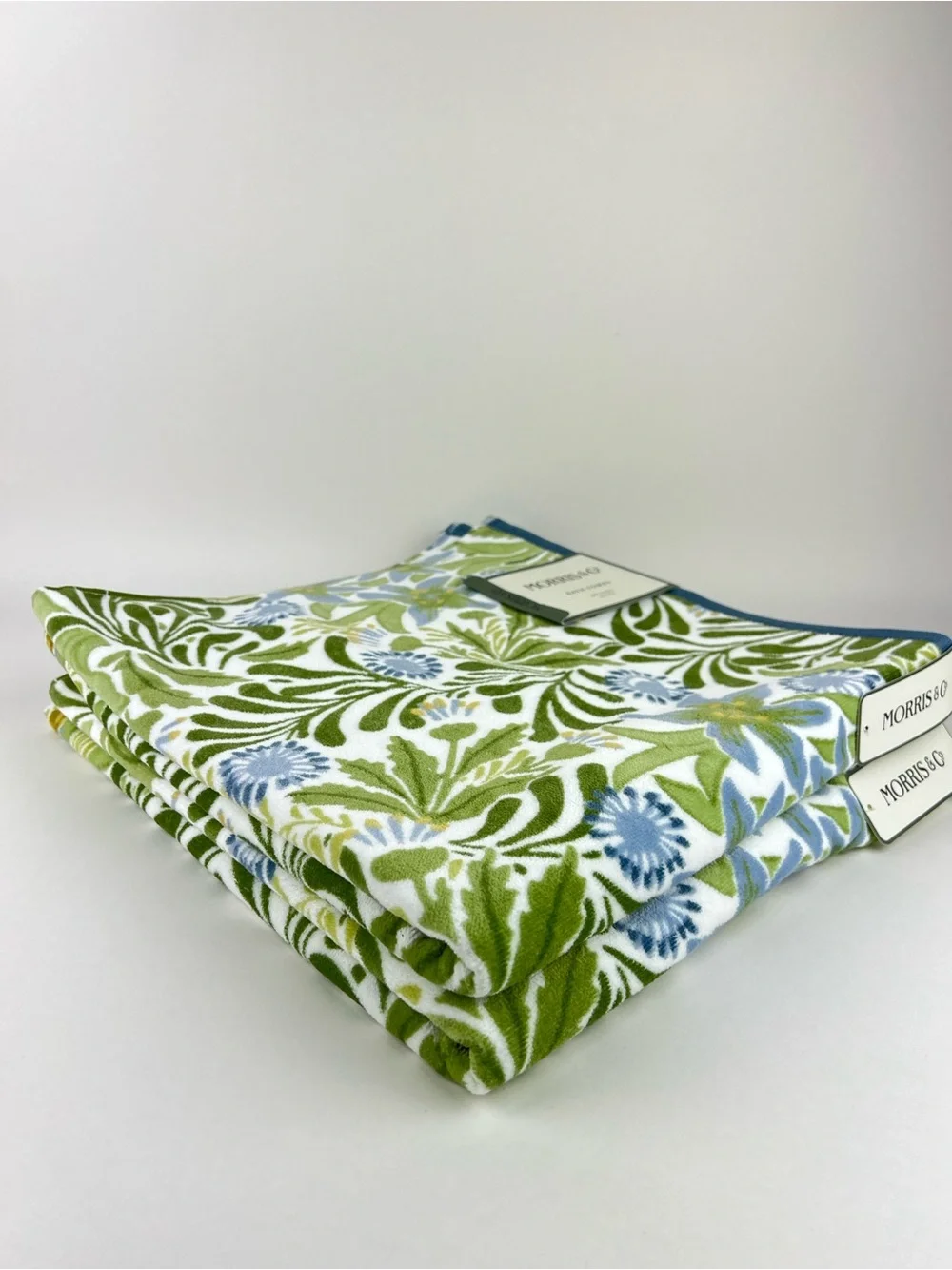 William Morris Bath Towels Floral Blue Green White Soft Velour Cotton 2 Pc NEW